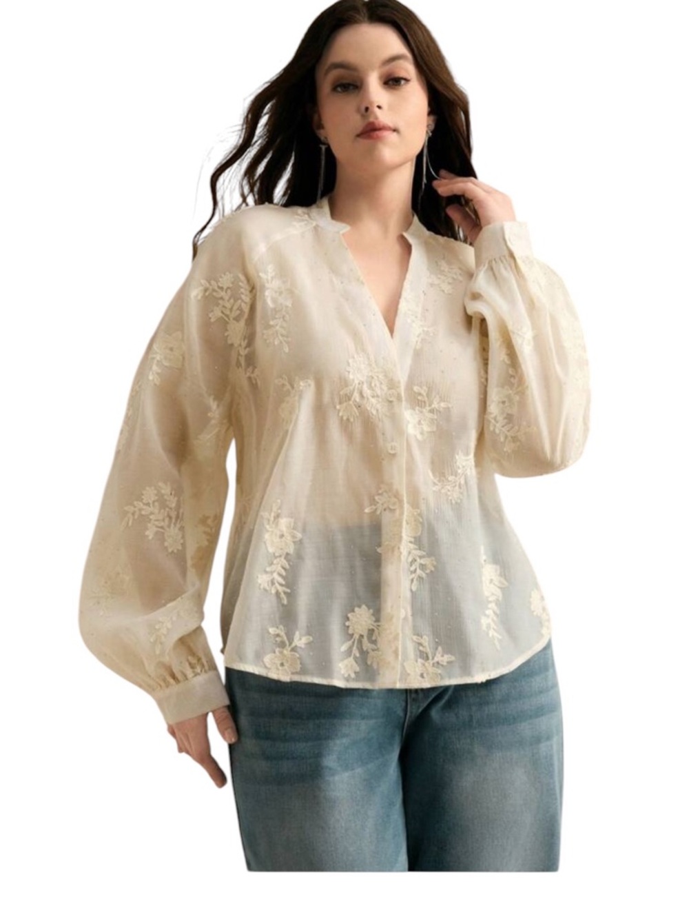 Ivory Embroidered Sheer Floral Blouse Rhinestone Mesh Top Size M - Picture 8 of 8